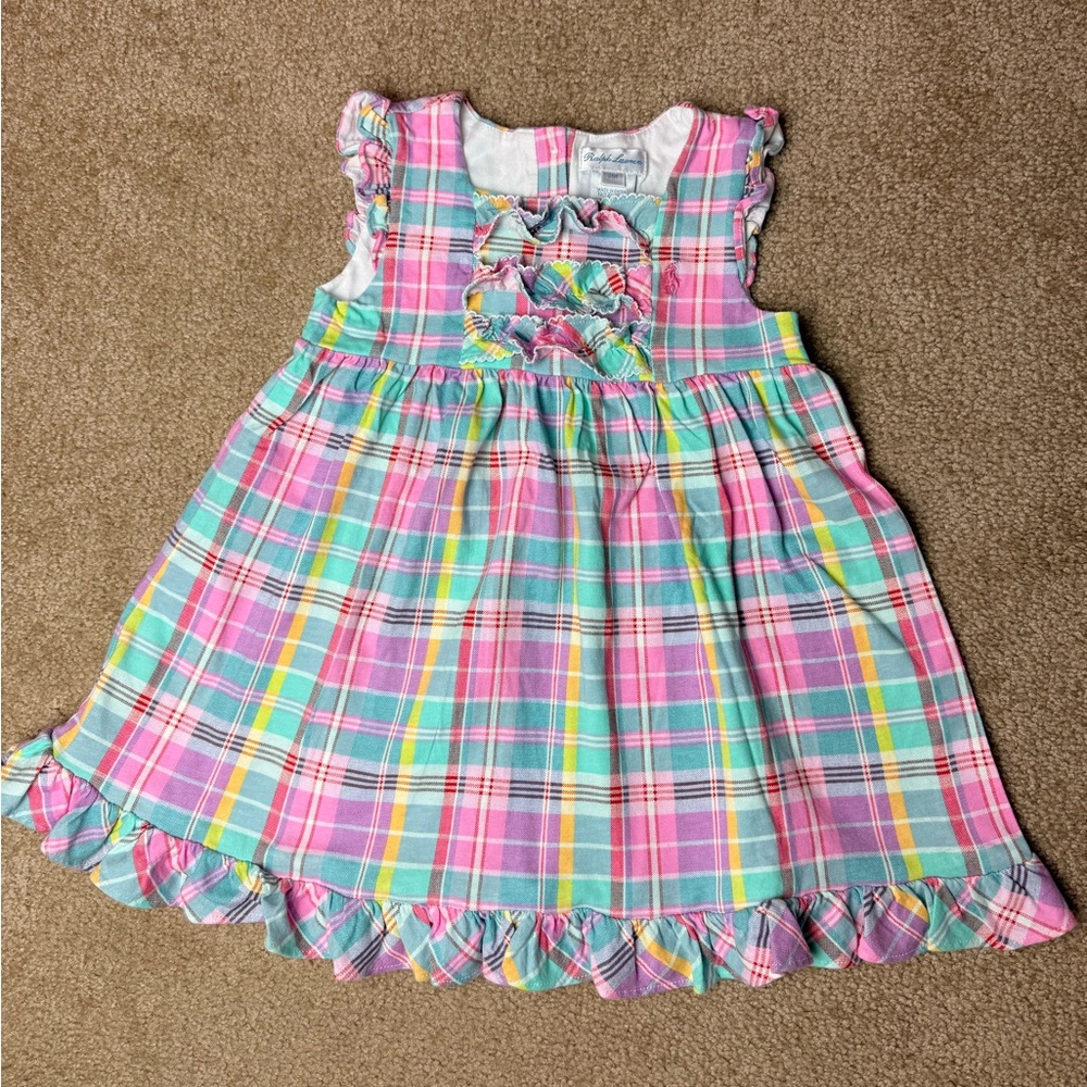 Ralph Lauren Baby Girls Plaid Dress 24M Pink‎ Ruffle Cotton Pony Logo
